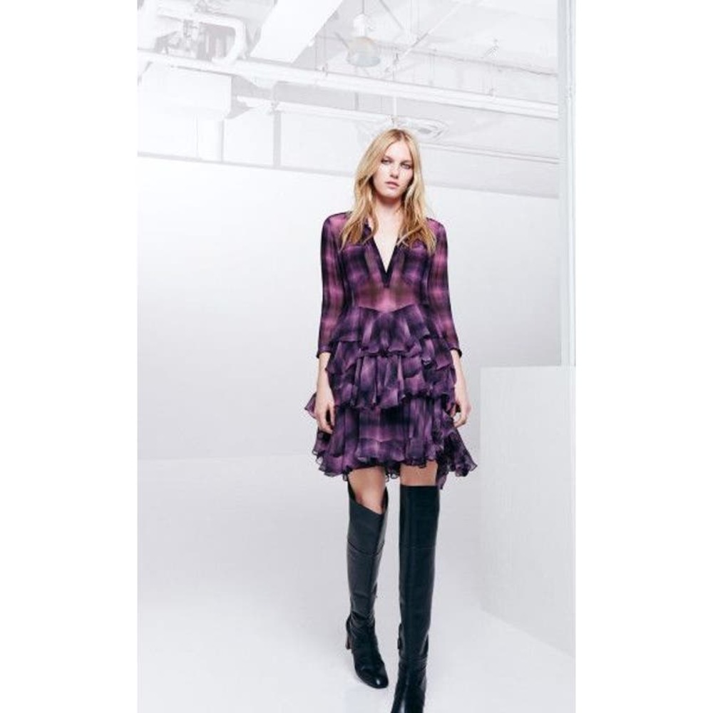Rebecca Taylor Long Sleeve Plaid Ruffle Dress in Berry Size 2 Purple Black Sheer